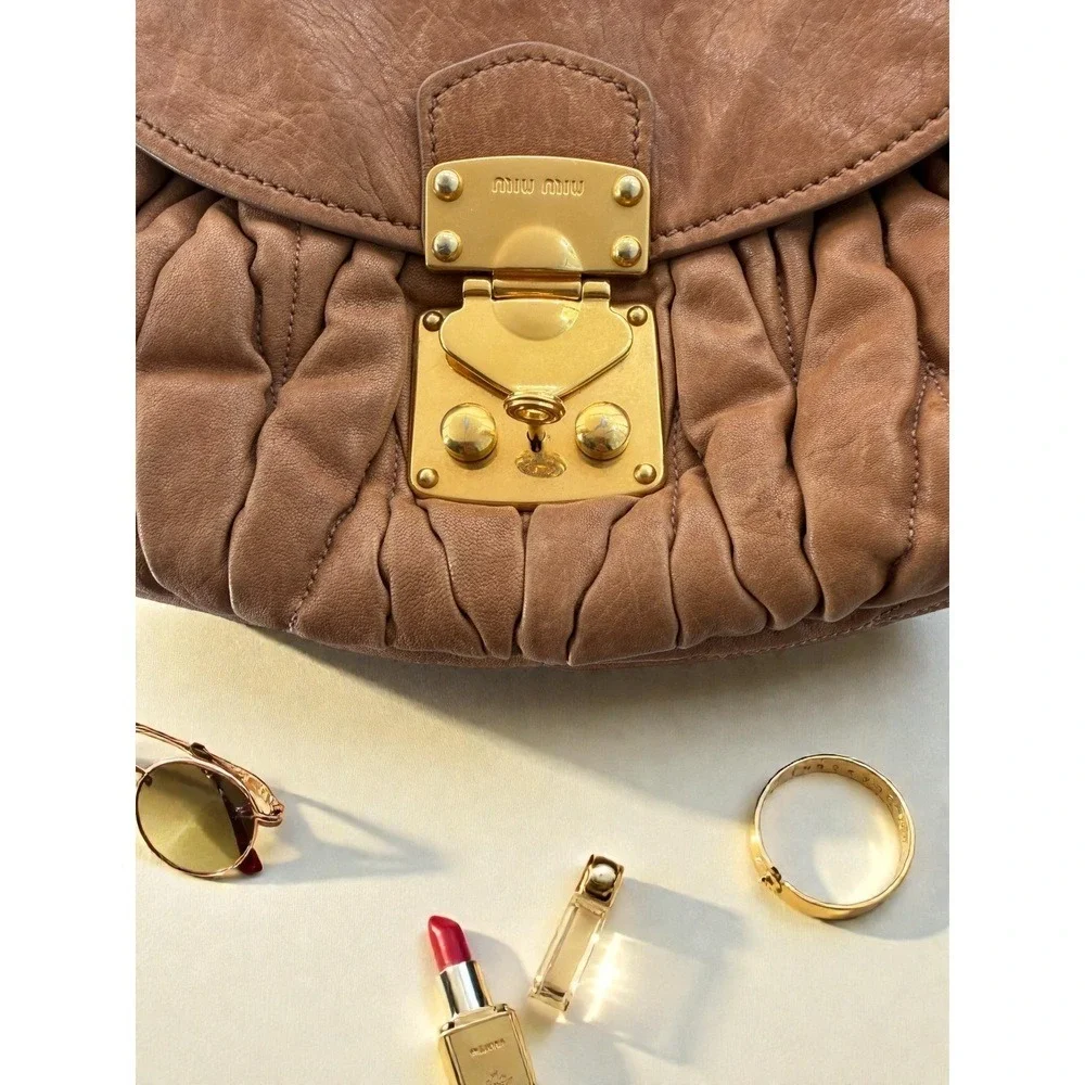 Miu‎ Miu Vintage Coffer Matelasse Ruched Leather Hobo Bag